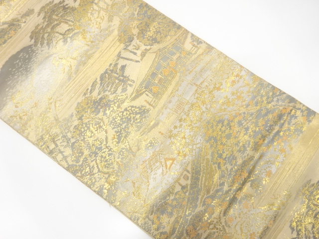 服部織物製　こはく錦　二重箔金閣寺模様織り出し袋帯